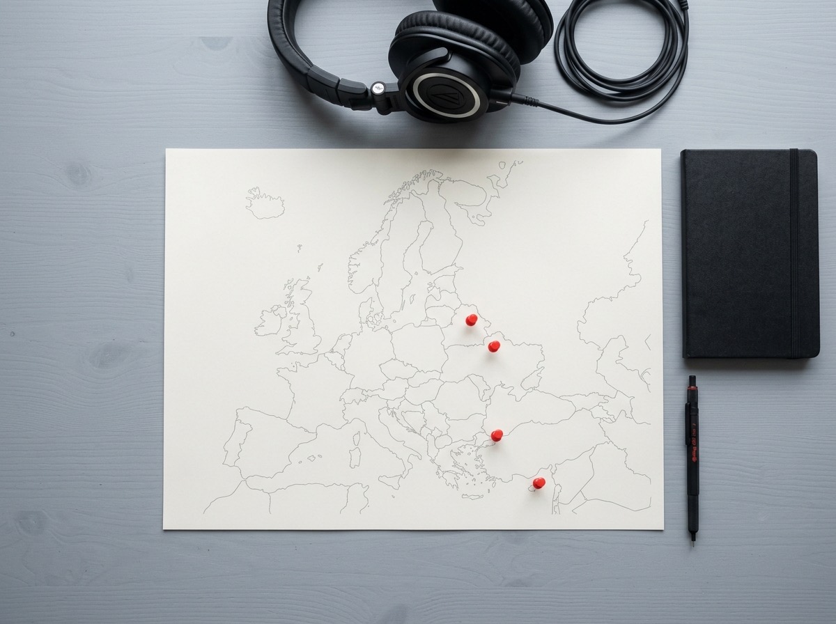 A blank map of Europe with red pins, a headset and a notebook on a grey desk
